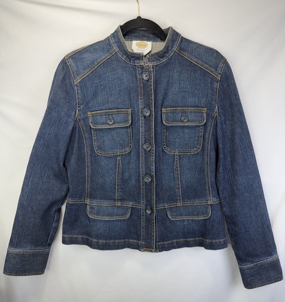 Talbots Stretch Band Collar Blue Denim Jacket Women’s Size 4 Pockets Minimalist